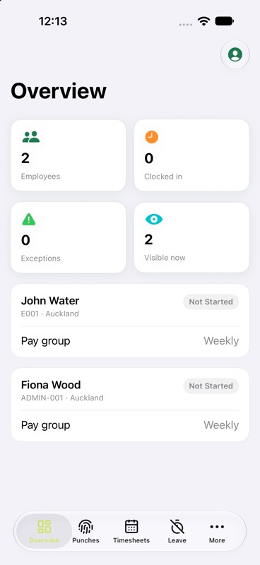 EasyClock Overview screen on iPhone