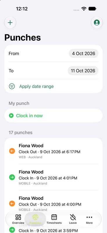 EasyClock Punches screen on iPhone