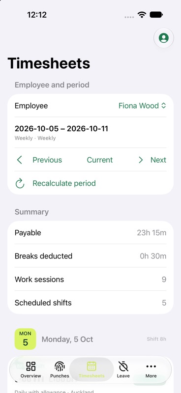 EasyClock Timesheets screen on iPhone
